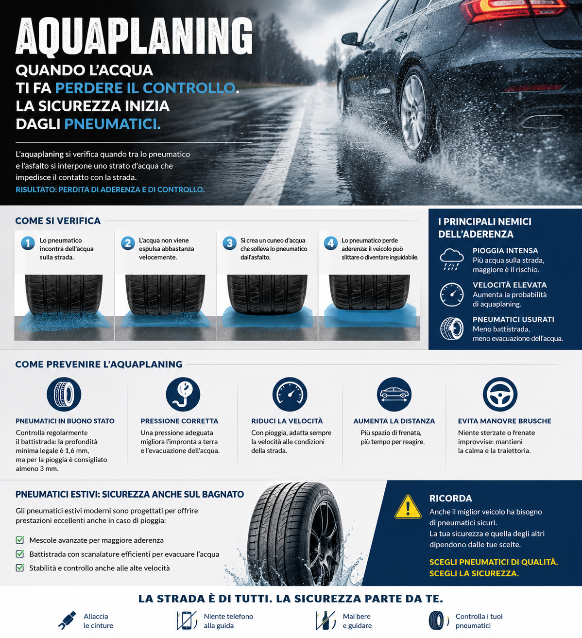 Auto che supera pozzanghera su strada bagnata - rischio aquaplaning e prevenzione con pneumatici giusti
