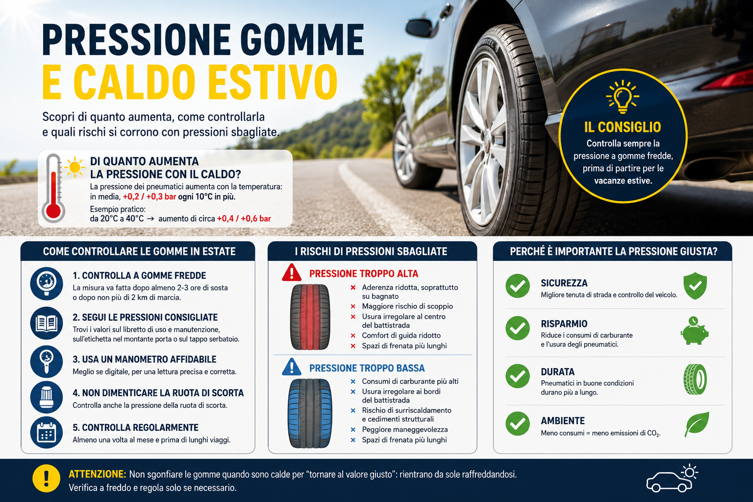 Controllo pressione pneumatici in estate con il caldo - consigli Pneuslove